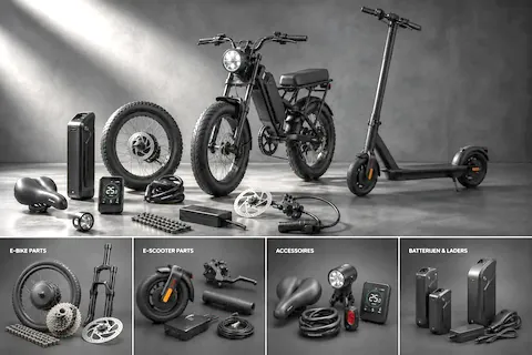 Foto de estudio sobre fondo oscuro con una fatbike, un patinete eléctrico y recambios sueltos como batería, rueda, pantalla y disco de freno