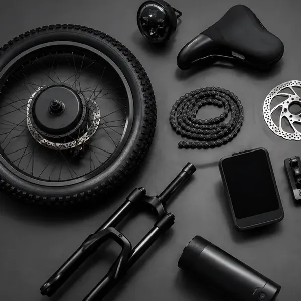 Recambios de fatbike expuestos: rueda con motor en el buje, sillín, cadena, disco de freno, horquilla, pantalla y batería