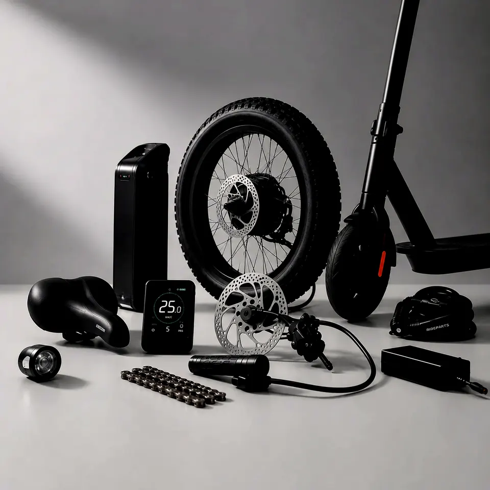 Foto de estudio sobre fondo claro con rueda de fatbike, batería, pantalla y patinete eléctrico