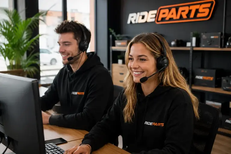 Dos empleados de RideParts con auriculares atienden a los clientes